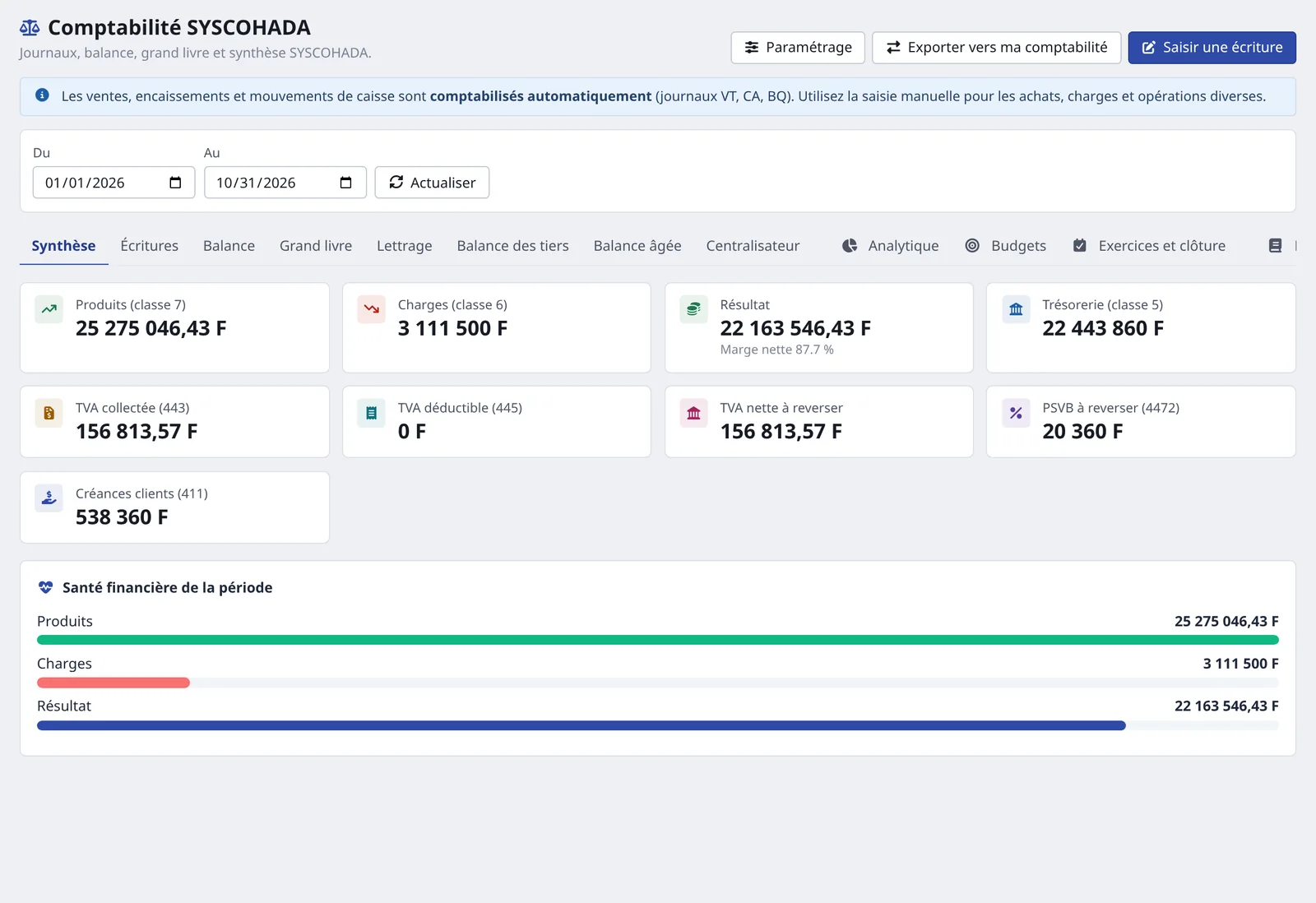 Synthèse comptable : produits, charges, résultat, trésorerie et TVA