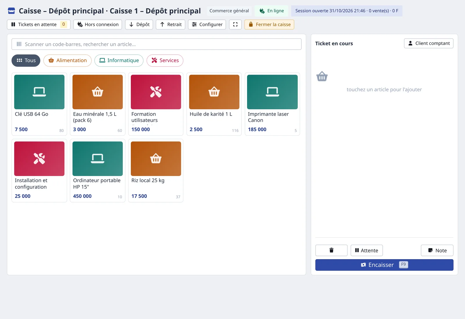 Écran de caisse tactile avec les articles par catégorie et le ticket en cours